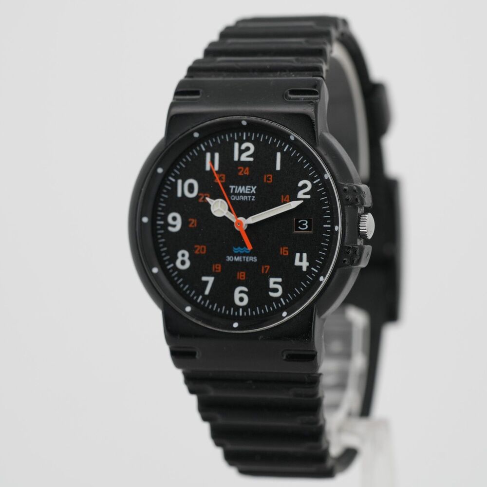 Vintage 90s Timex Quartz Military Style Watch 36mm Black - Date not working